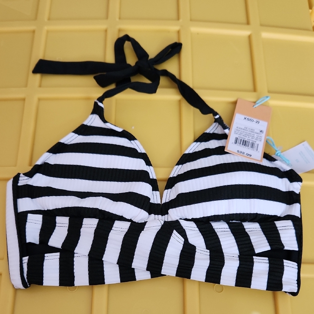 Black and White Striped Bikini Top